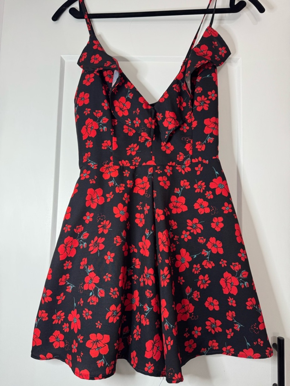 Black & Red Floral Ruffle V-Neck Romper